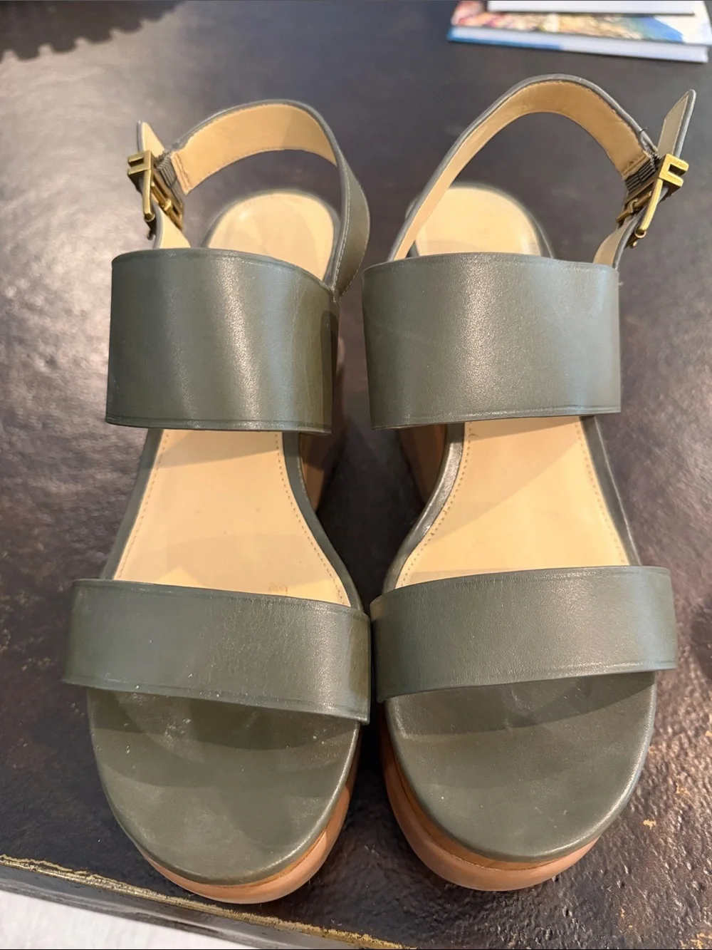 MICHAEL Michael Kors Olive Green Leather Platform Wedge Sandals